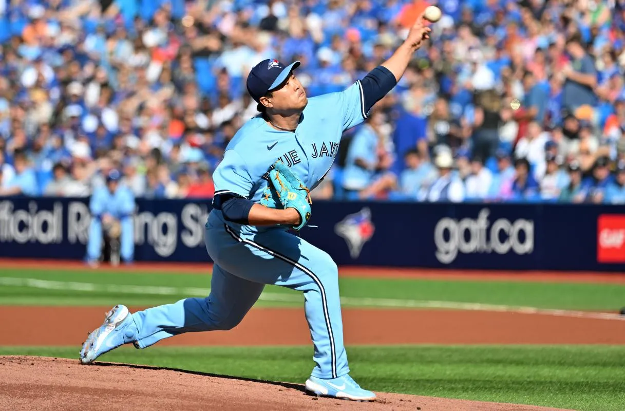 Toronto Blue Jays starting pitcher Hyun Jin Ryu (99) delivers a pitch against the Tampa Bay Rays in the first inning at Rogers Centre.