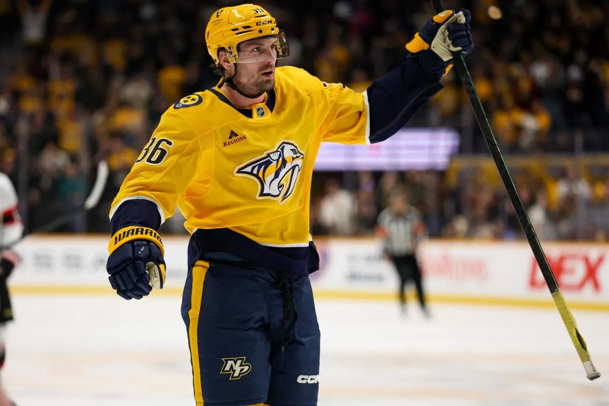 Nashville Predators left wing Cole Smith (36) celebrates his goal against the Ottawa Senators during the third period at Bridgestone Arena.
