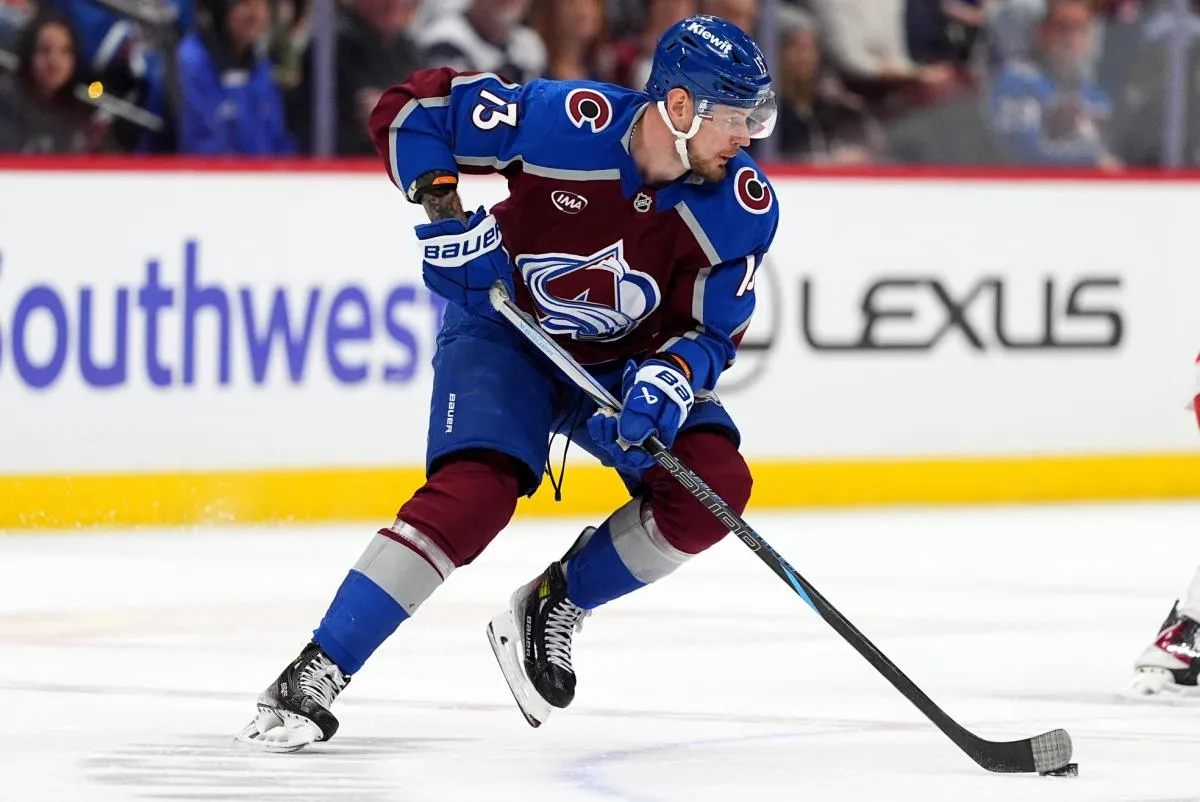 Colorado Avalanche right wing Valeri Nichushkin (13) controls the puck in the first period against the Detroit Red Wings at Ball Arena.