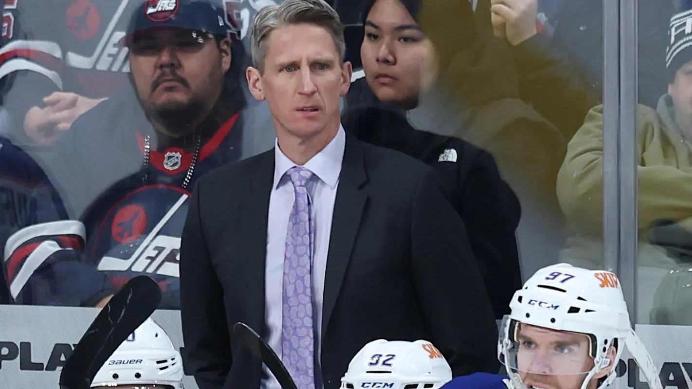 Edmonton Oilers head coach Kris Knoblauch looks on during a game against the Winnipeg Jets in the third period at Canada Life Centre.