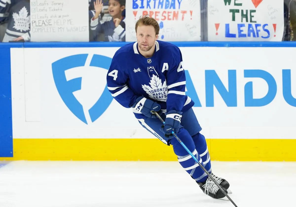 Toronto Maple Leafs defenseman Morgan Rielly (44) skates during the warmup before a game against the New Jersey Devils at Scotiabank Arena.