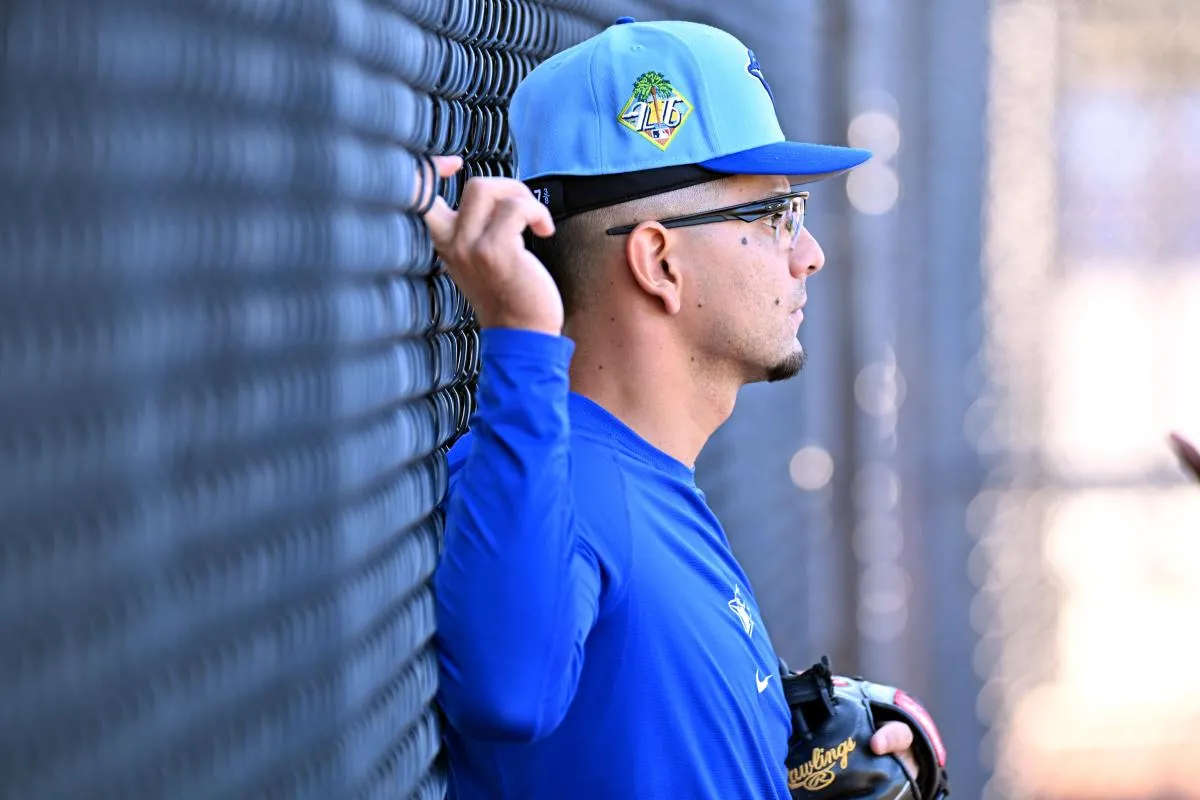 Toronto Blue Jays infielder Andres Gimenez (0) waits to start his workout during spring training at the Bobby Mattick Training Center at Englebert Complex