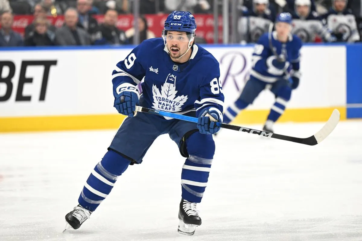 Toronto Maple Leafs forward Nick Robertson (89) pursues the play against the Winnipeg Jets in the first period at Scotiabank Arena.