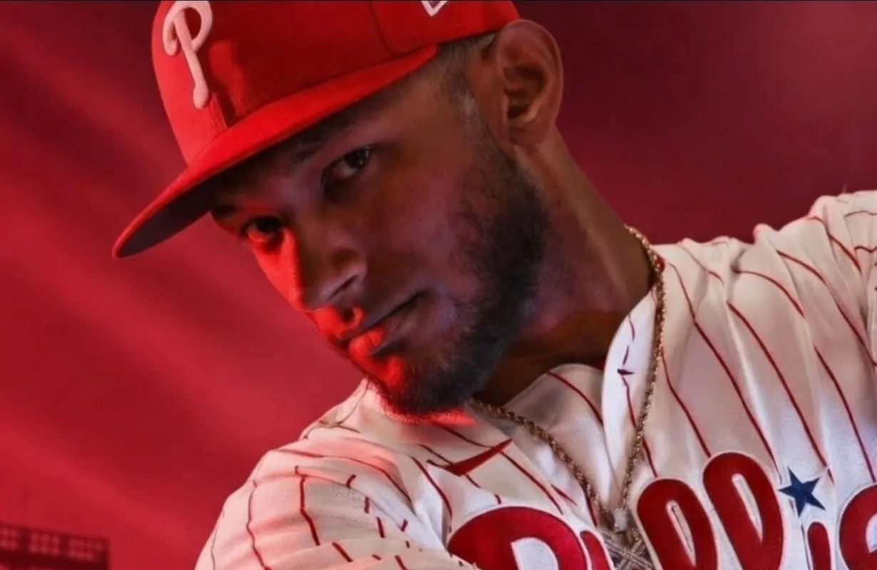 Philadelphia Phillies outfielder Johan Rojas (18) participates in media day at BayCare Ballpark.