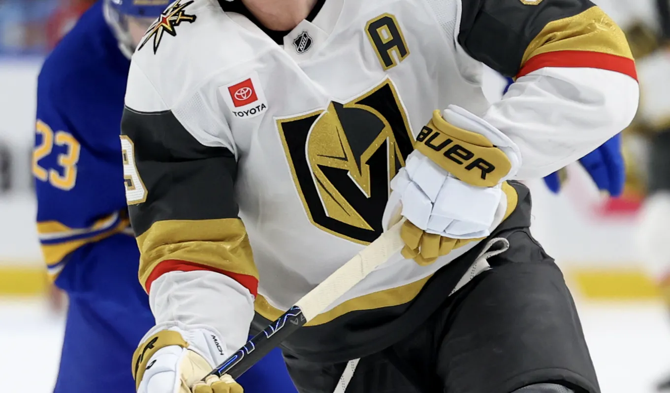 Vegas Golden Knights center Jack Eichel (9) carries there puck up ice during the first period against the Buffalo Sabres at KeyBank Center.