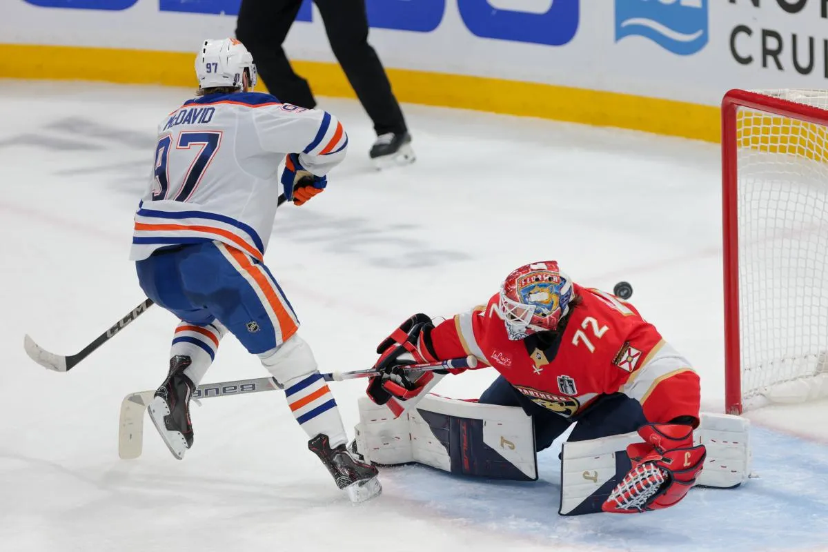 Florida Panthers goaltender Sergei Bobrovsky (72) makes a save of a shot by Edmonton Oilers center Connor McDavid (97) during the third period in game six of the 2025 Stanley Cup Final at Amerant Bank Arena.