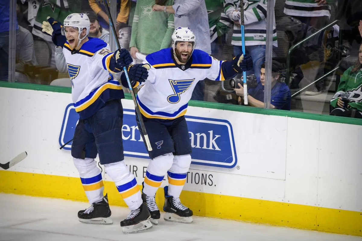 St. Louis Blues defenseman Colton Parayko (55) and left wing Pat Maroon (7) in action during game three between the Stars and the Blues the second round of the 2019 Stanley Cup Playoffs at American Airlines Center.