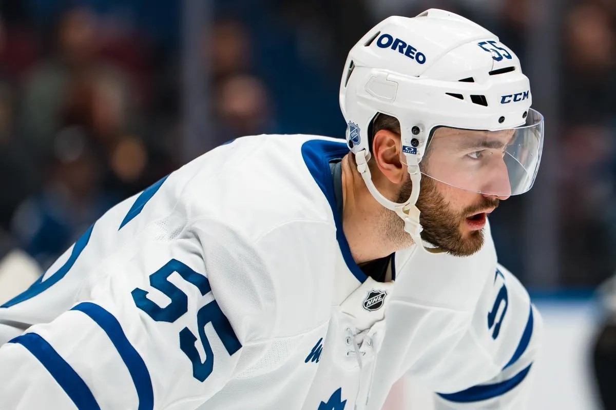 Toronto Maple Leafs forward Nicolas Roy (55) during a stop in play against the Vancouver Canucks in the second period at Rogers Arena