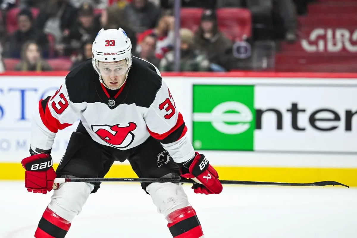 New Jersey Devils left wing Evgenii Dadonov (33) waits for a face-off against the Ottawa Senators during the second period at Canadian Tire Centre.
