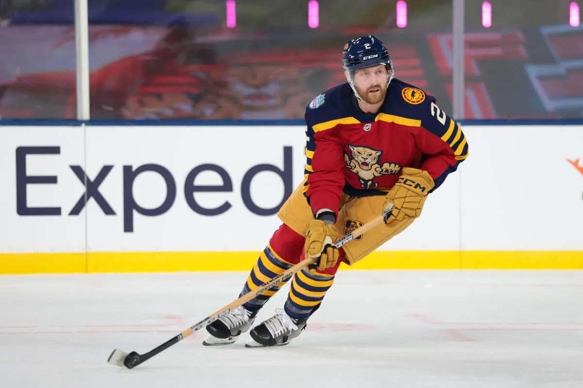 Florida Panthers defenseman Jeff Petry (2) controls the puck against the New York Rangers during the first period in the 2026 Winter Classic ice hockey game at loanDepot Park.