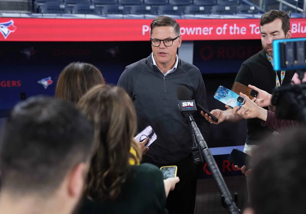 Toronto Blue Jays general manager Ross Atkins addresses the media before a game against the Tampa Bay Rays at Rogers Centre.