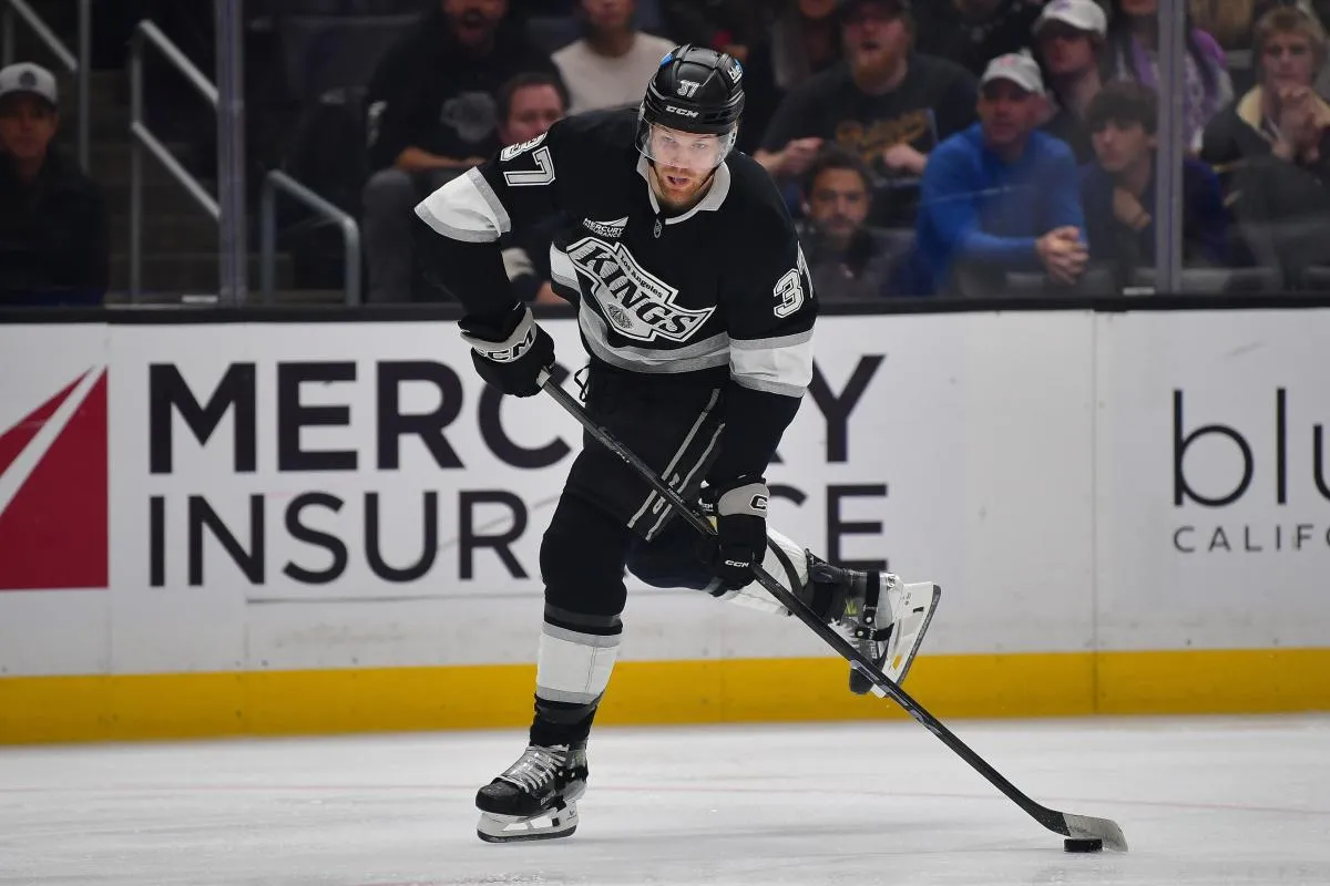 Los Angeles Kings left wing Warren Foegele (37) shoots on goal against the Columbus Blue Jackets during the second period at Crypto.com Arena