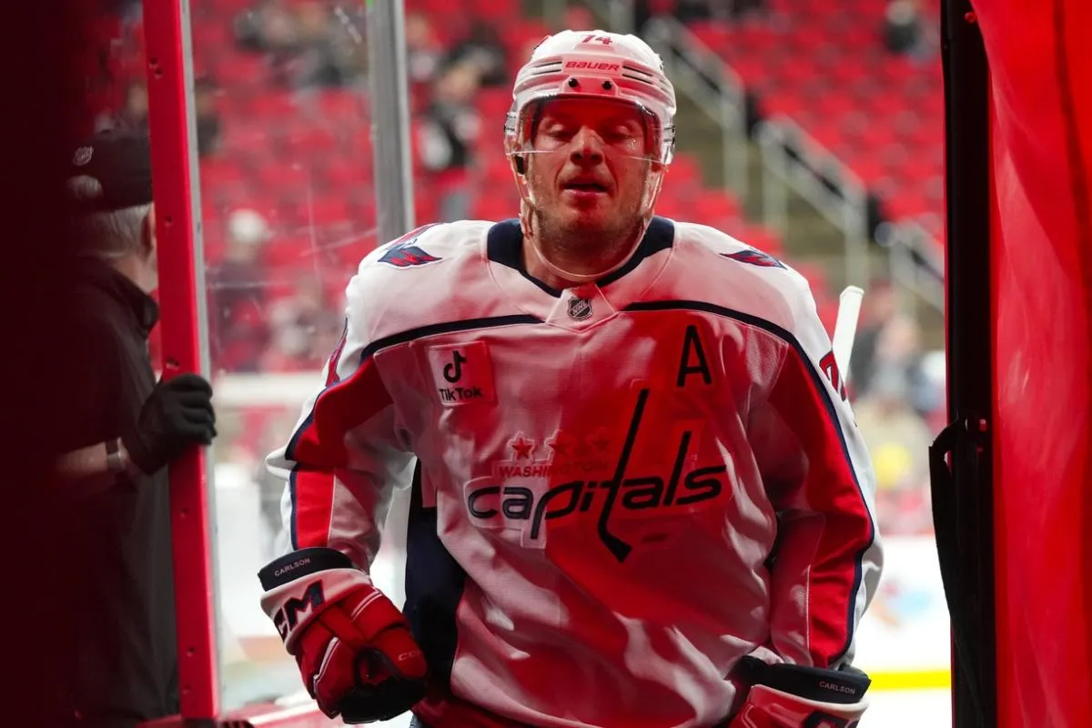Washington Capitals defenseman John Carlson (74) comes off the ice after the warmups before the game against the Carolina Hurricanes at Lenovo Center.