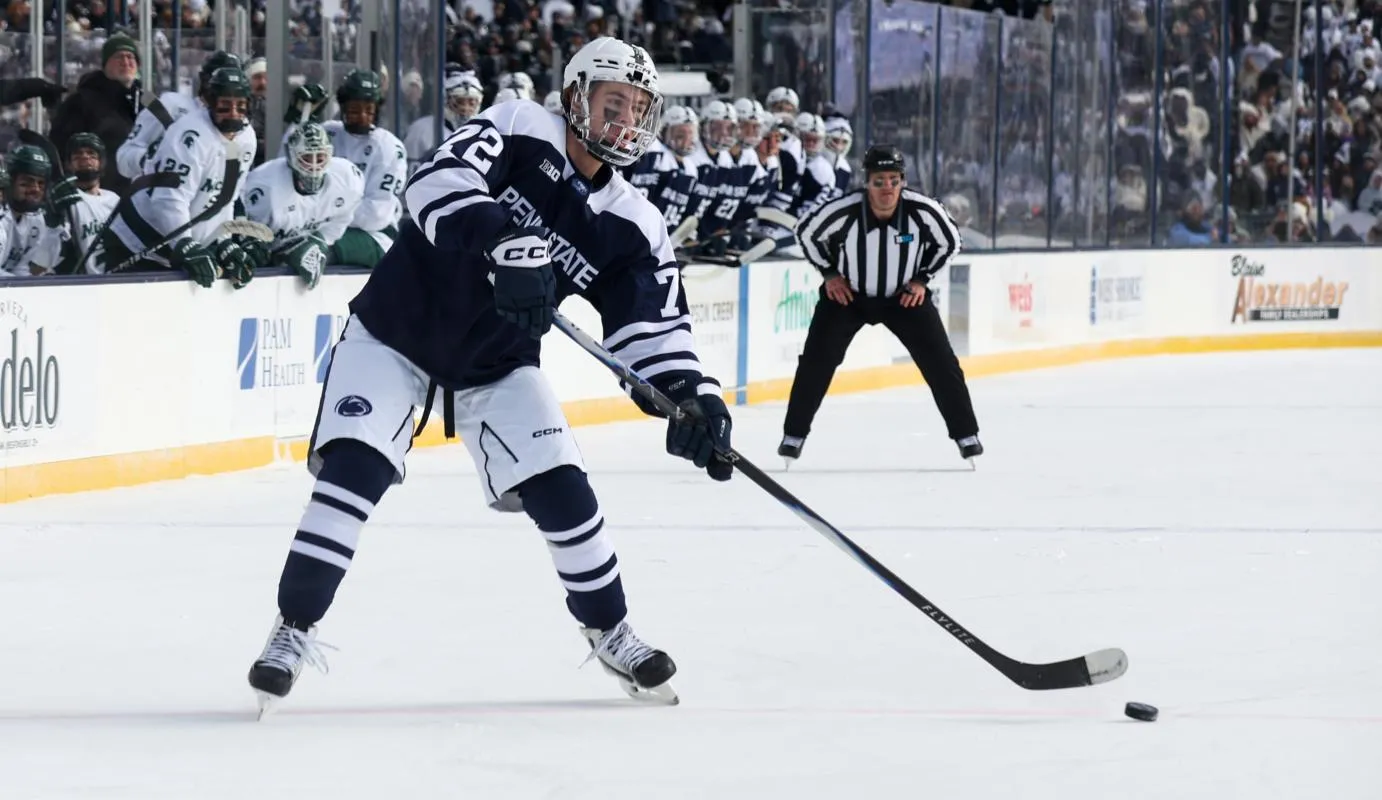 Penn State Nittany Lions forward Gavin McKenna (72) looks to shoot the puck during the first period against the Michigan State Spartans at Beaver Stadium