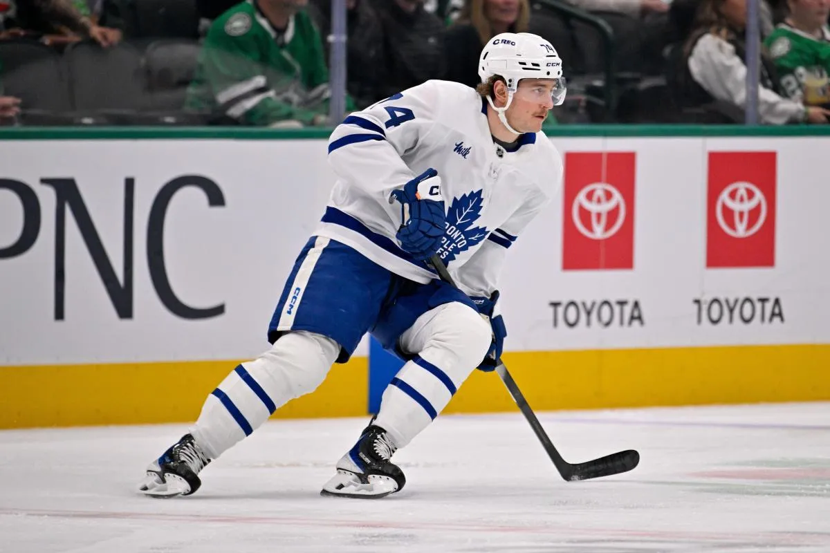 Toronto Maple Leafs center Bobby McMann (74) skates against the Dallas Stars during the game at the American Airlines Center.