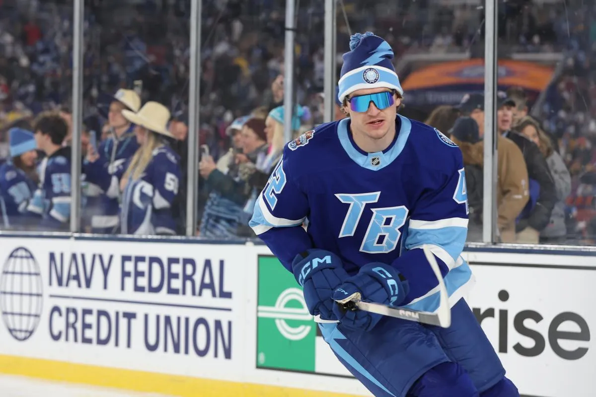 Tampa Bay Lightning center Curtis Douglas (42) warms up on the ice prior to the 2026 Stadium Series ice hockey game against the Boston Bruins at Raymond James Stadium.