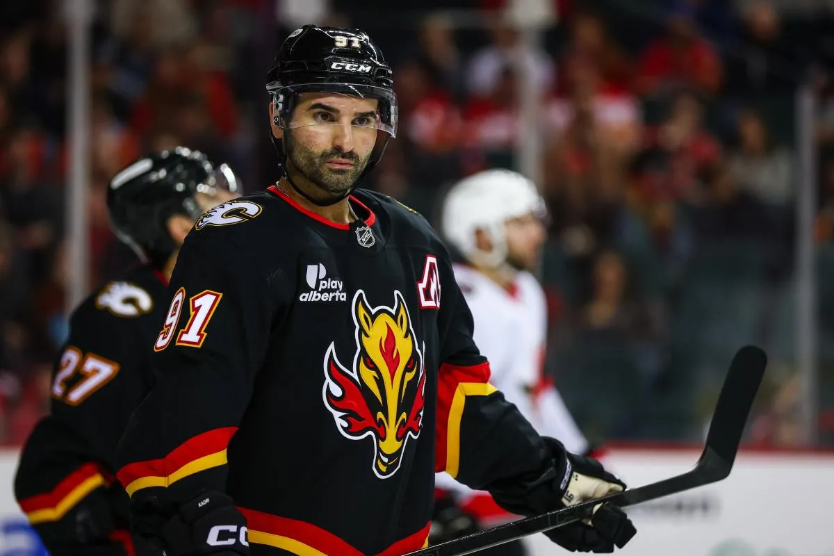 Calgary Flames center Nazem Kadri (91) skates during the warmup period against the Calgary Flames at Scotiabank Saddledome.