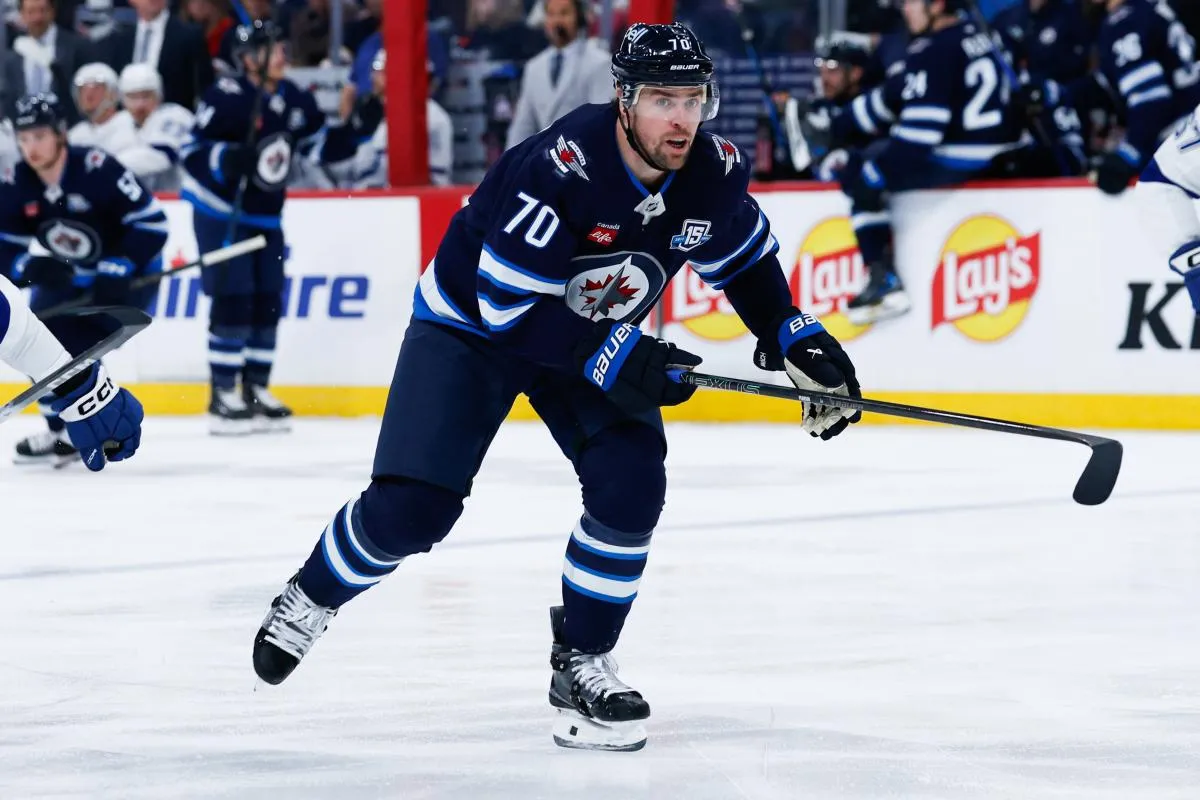Winnipeg Jets forward Tanner Pearson (70) skates into the Tampa Bay Lightning zone during the second period at Canada Life Centre.