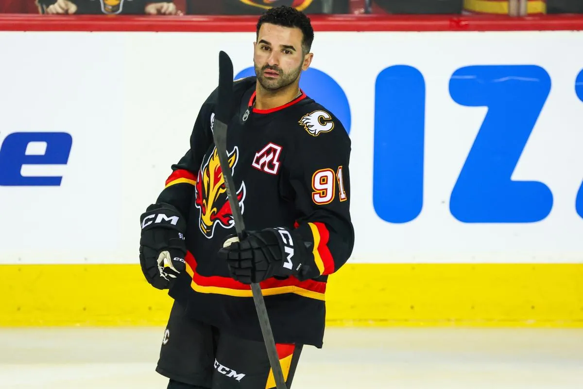 Calgary Flames center Nazem Kadri (91) skates during the warmup period against the Calgary Flames at Scotiabank Saddledome.