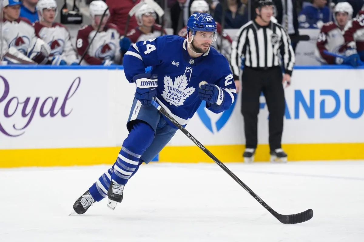 Toronto Maple Leafs forward Scott Laughton (24) skates against the Colorado Avalanche at Scotiabank Arena.