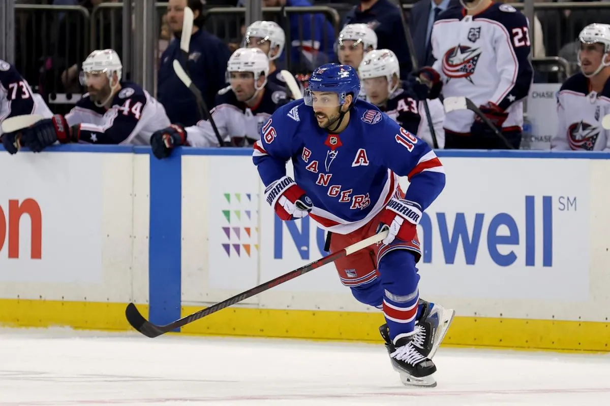 New York Rangers center Vincent Trocheck (16) skates against the Columbus Blue Jackets during the first period at Madison Square Garden.