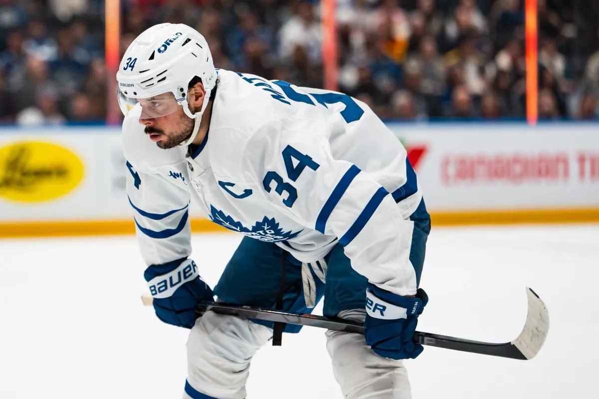 Toronto Maple Leafs forward Auston Matthews (34) during a stop in play against the Vancouver Canucks in the third period at Rogers Arena.