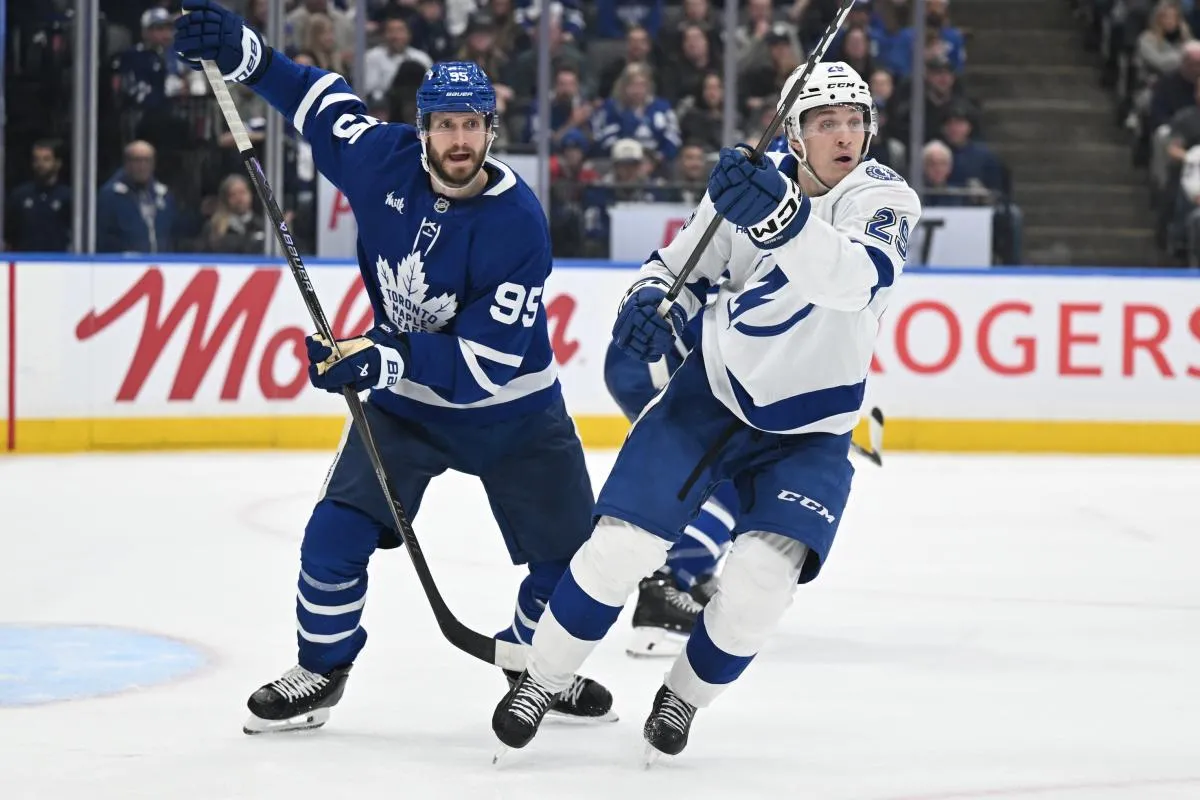 Toronto Maple Leafs defenseman Oliver Ekman-Larsson (95) covers Tampa Bay Lightning forward Pontus Holmberg (29) in the second period at Scotiabank Arena.