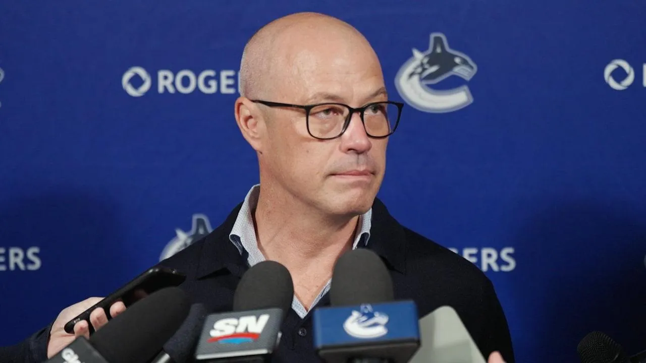 Vancouver Canucks GM Patrik Allvin speaking to the media during a recent press conference.