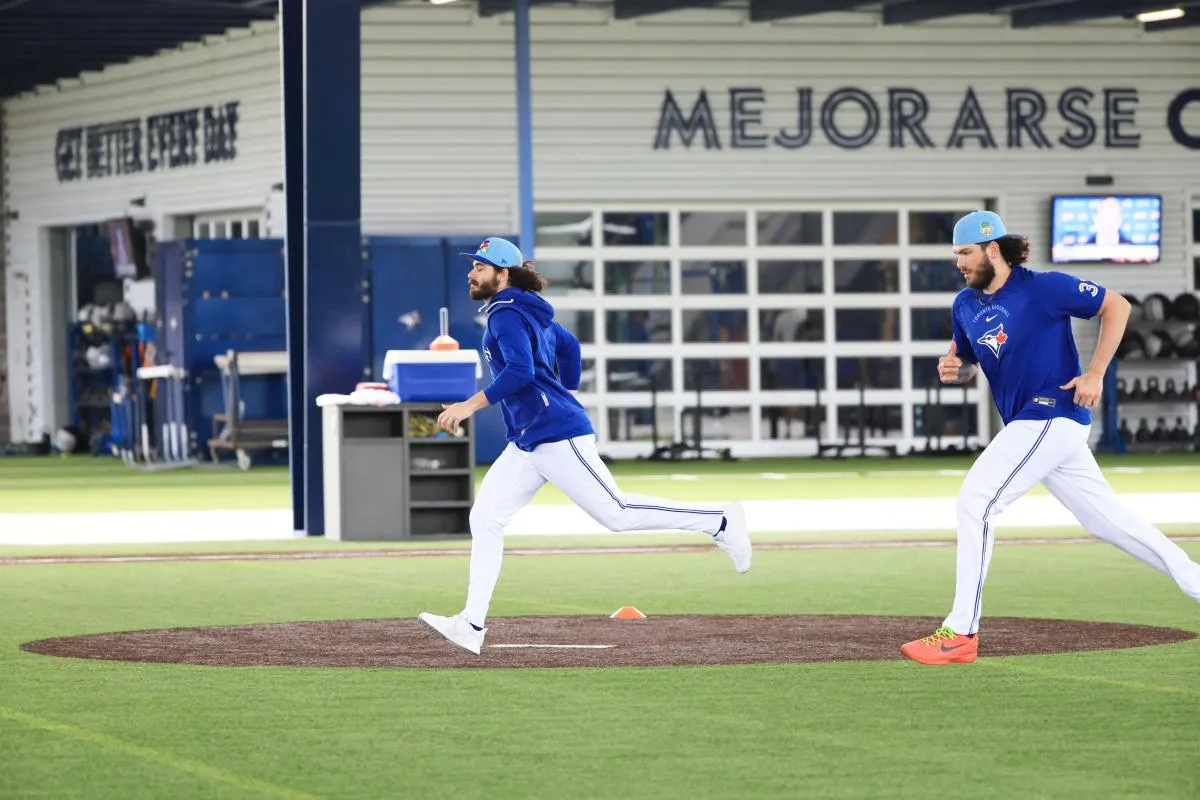 Toronto Blue Jays pitcher Dylan Cease (84) and pitcher Cody Ponce (37) workout for spring training practice at Blue Jays Player Development Complex.