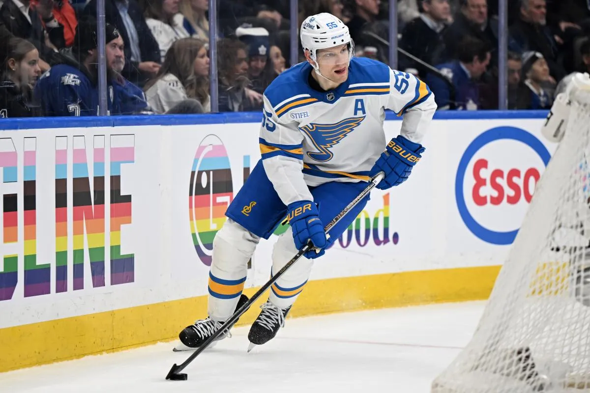 St. Louis Blues defenseman Colton Parayko (55) skates with the puck against the Toronto Maple Leafs in the third period at Scotiabank Arena.