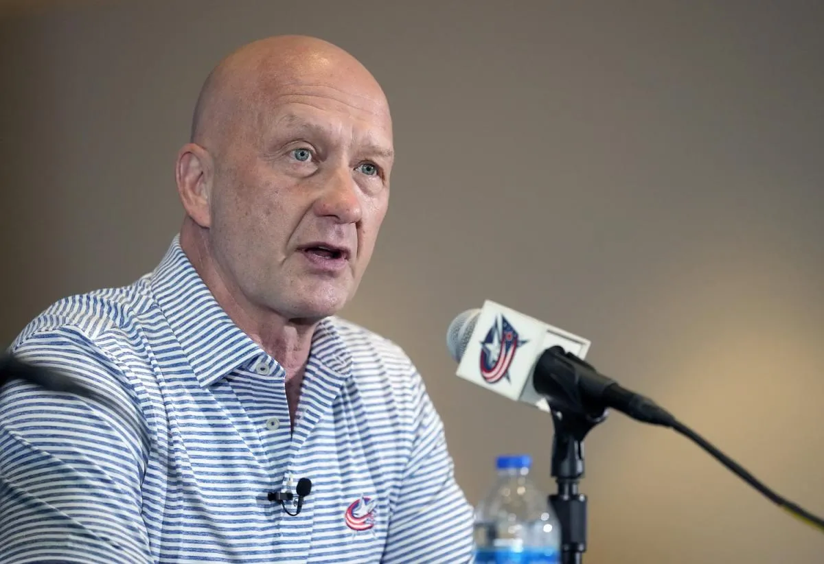 Columbus Blue Jackets General Manager Jarmo Kekalainen speaks after hiring Mike Babcock as the new head coach during a press conference at Nationwide Arena.