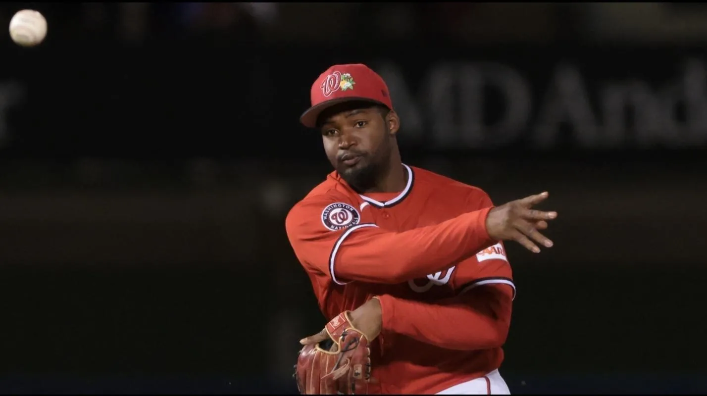 Washington Nationals second baseman Orelvis Martinez (84) turns a double play against the Philadelphia Phillies during the fourth inning CACTI Park of the Palm Beaches.