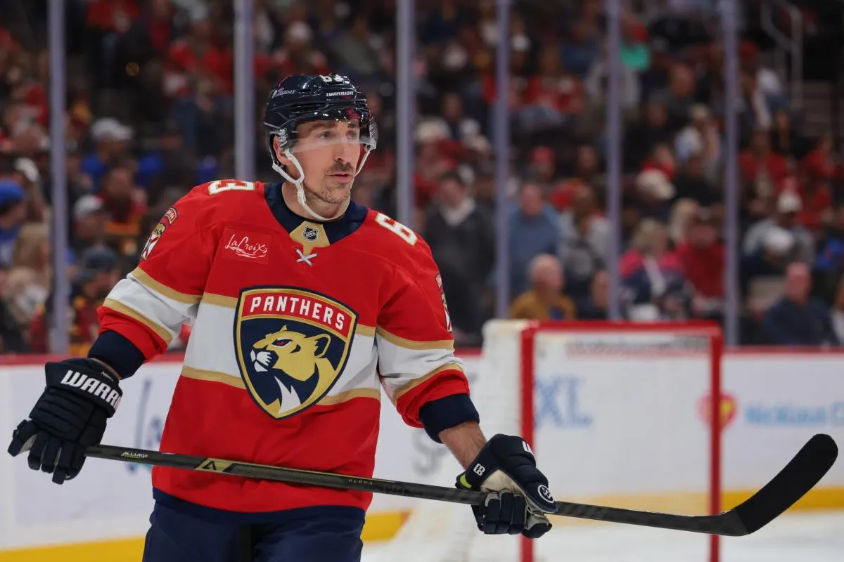 Florida Panthers left wing Brad Marchand (63) looks on against the Buffalo Sabres during the first period at Amerant Bank Arena.