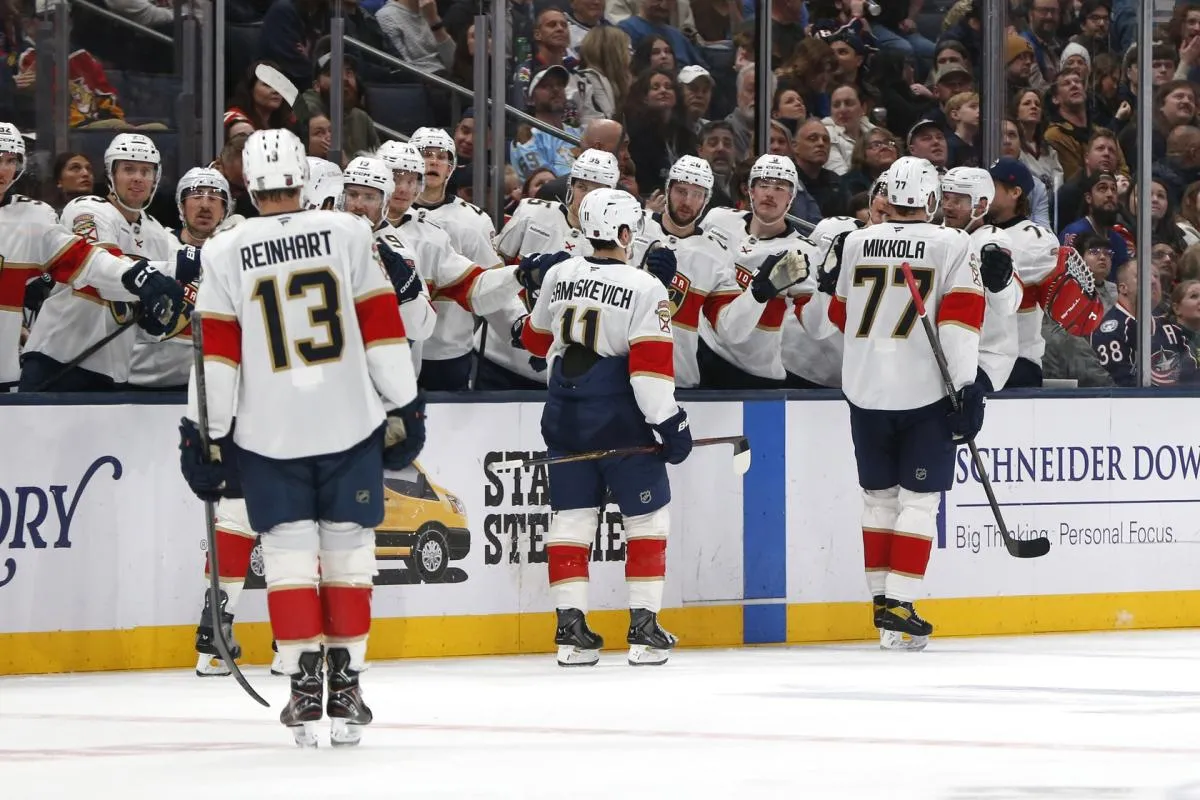 Florida Panthers defenseman Niko Mikkola (77) celebrates his goal against the Columbus Blue Jackets during the third period at Nationwide Arena.