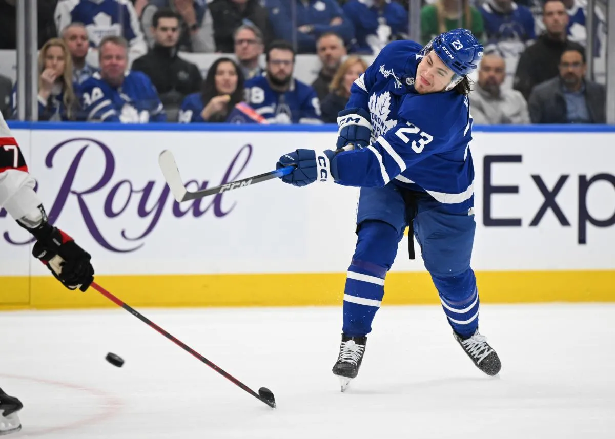 Toronto Maple Leafs forward Matthew Knies (23) shoots the puck against the Ottawa Senators in the first period in game two of the first round of the 2025 Stanley Cup Playoffs at Scotiabank Arena.