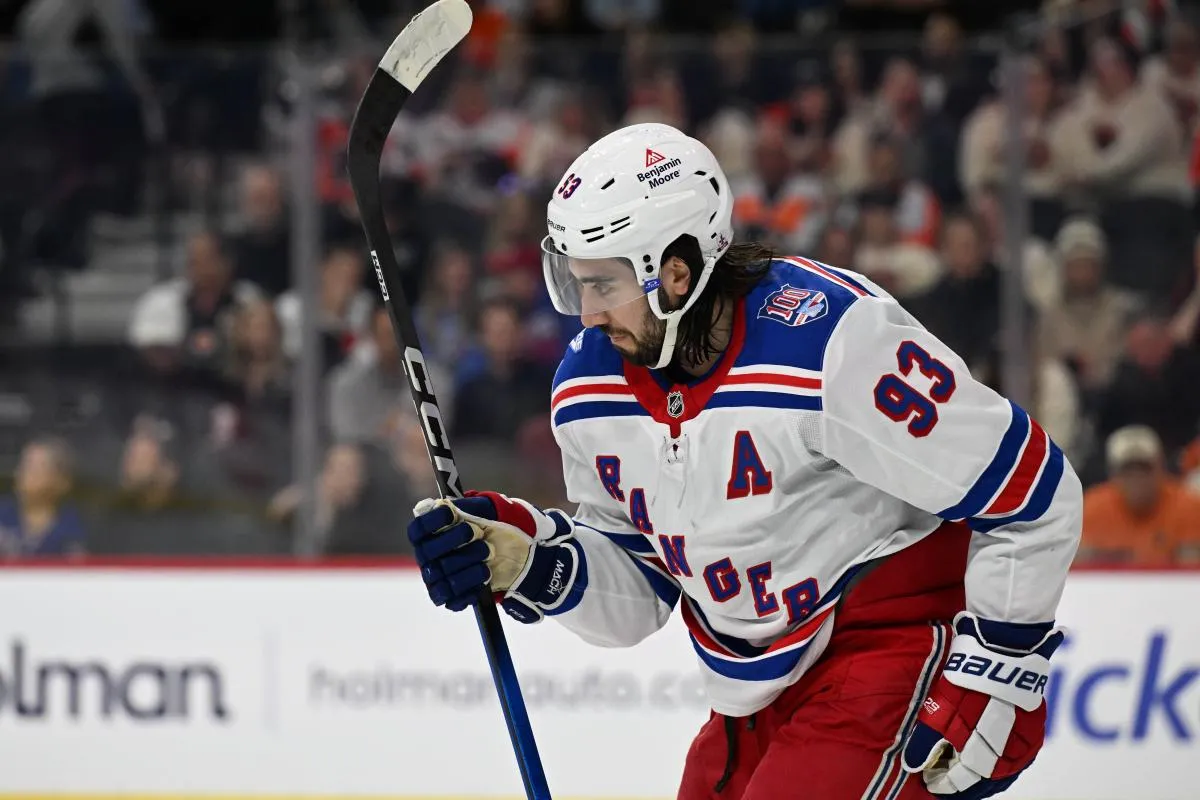 New York Rangers center Mika Zibanejad (93) skates back to the bench after scoring a goal against the Philadelphia Flyers during the second period at Xfinity Mobile Arena