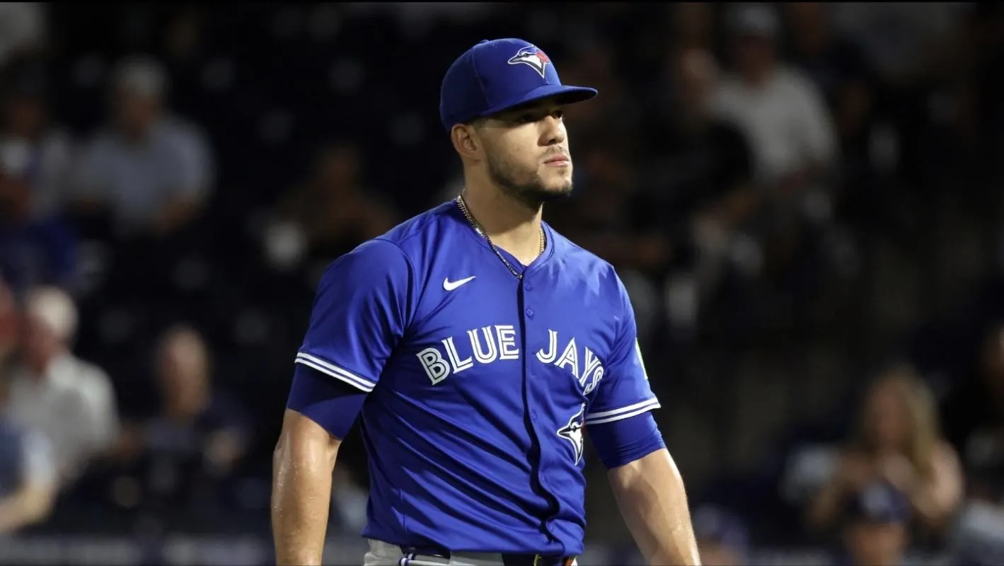 Toronto Blue Jays starting pitcher Jose Berrios (17) walks to the dugout after he pitched the fourth inning against the Tampa Bay Rays at George M. Steinbrenner Field.