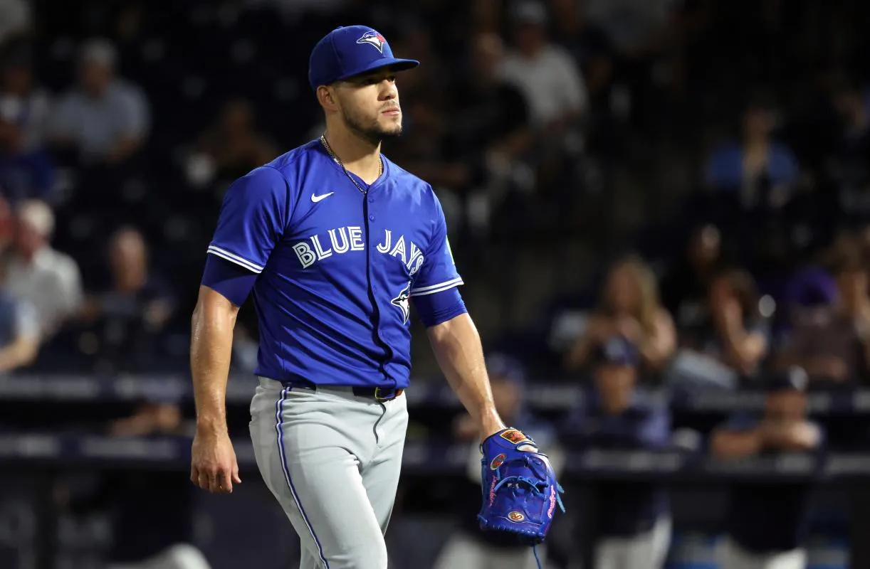 Toronto Blue Jays starting pitcher Jose Berrios (17) walks to the dugout after he pitched the fourth inning against the Tampa Bay Rays at George M. Steinbrenner Field.