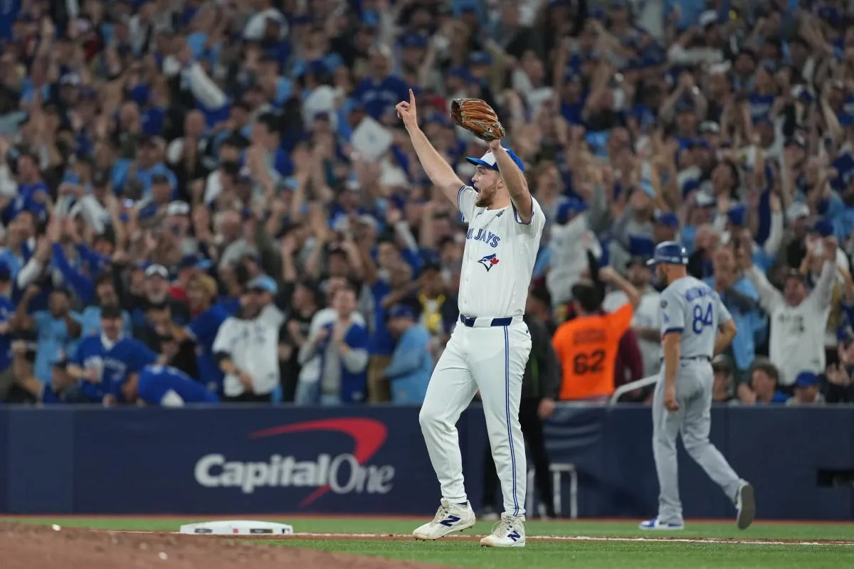 Toronto Blue Jays pitcher Trey Yesavage (39) reacts in the seventh inning against the Los Angeles Dodgers for game seven of the 2025 MLB World Series at Rogers Centre.