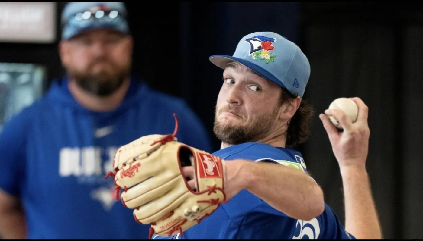 Toronto Blue Jays pitcher Trey Yesavage (39) throws a bullpen session for spring training practice at Blue Jays Player Development Complex.