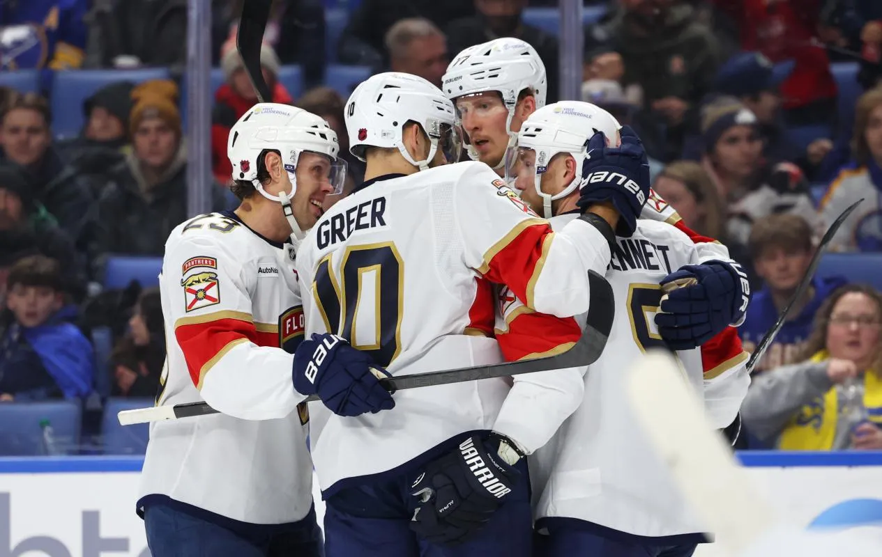 Florida Panthers left wing A.J. Greer (10) celebrates his goal with teammates during the first period against the Buffalo Sabres at KeyBank Center