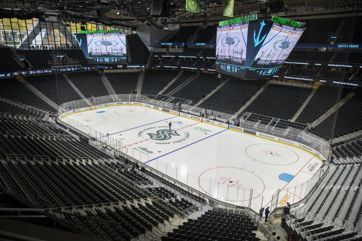 General view of Climate Pledge Arena before a game between the Seattle Kraken and Vancouver Canucks.