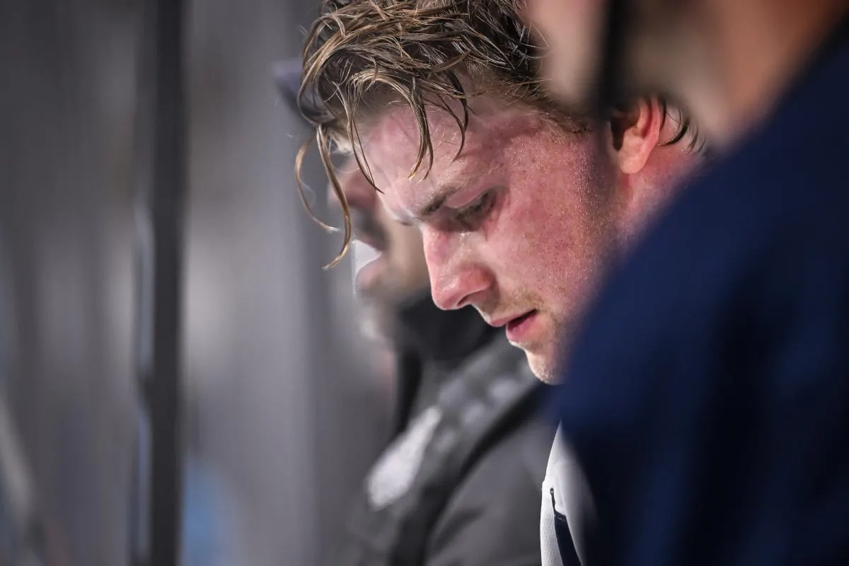 Milwaukee Admirals left wing Navrin Mutter (47) sits on the bench between drills on the opening day of training camp Tuesday, September 30, 2025, at the UWM Panther Arena in Milwaukee, Wisconsin.