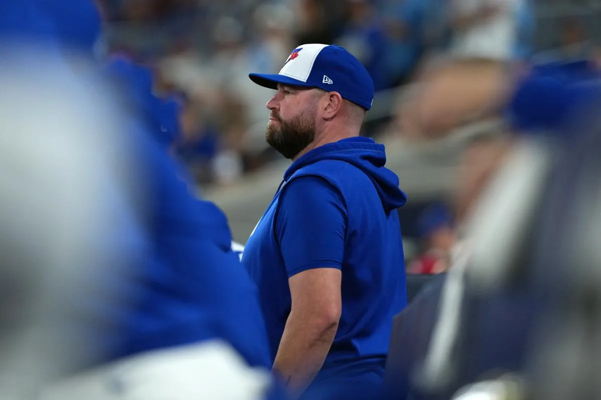 Toronto Blue Jays manager John Schneider (14) looks on in the fifth inning against the Los Angeles Dodgers during game one of the 2025 MLB World Series at Rogers Centre.