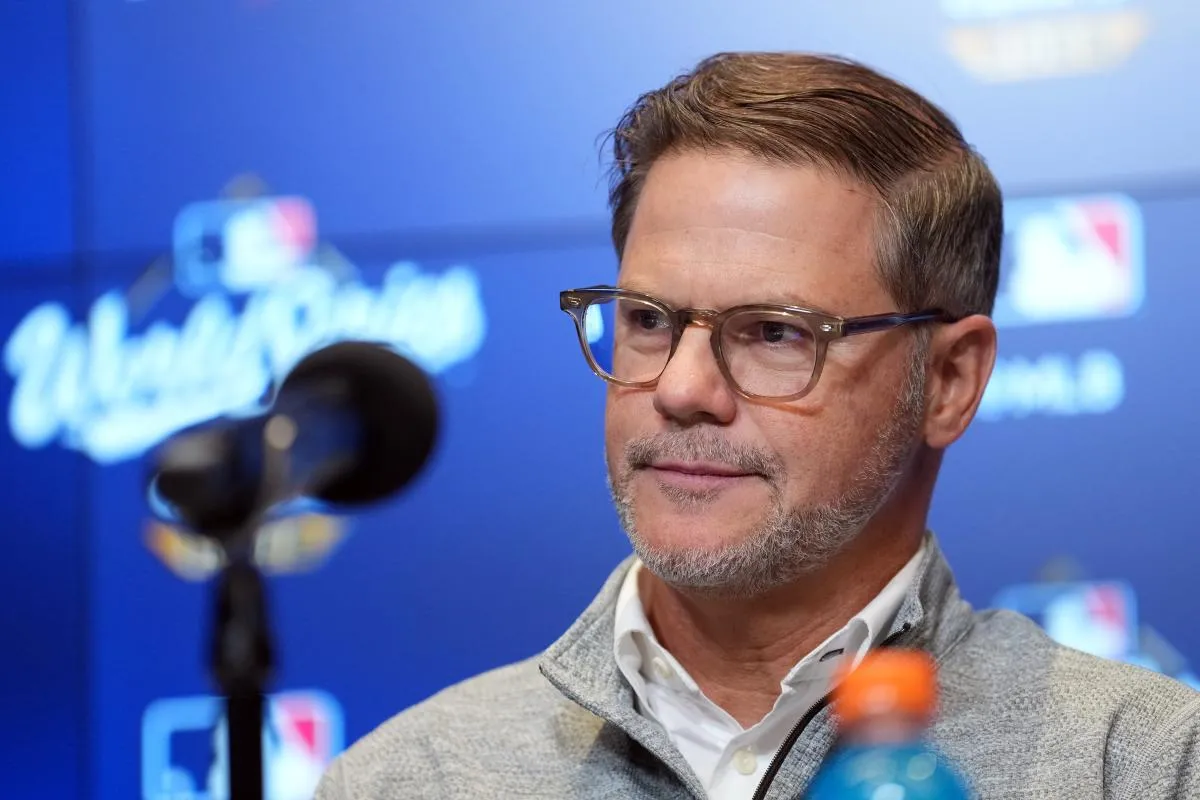 Toronto Blue Jays executive vice president and general manager Ross Atkins speaks to the media before game one of the 2025 MLB World Series against the Los Angeles Dodgers at Rogers Centre.