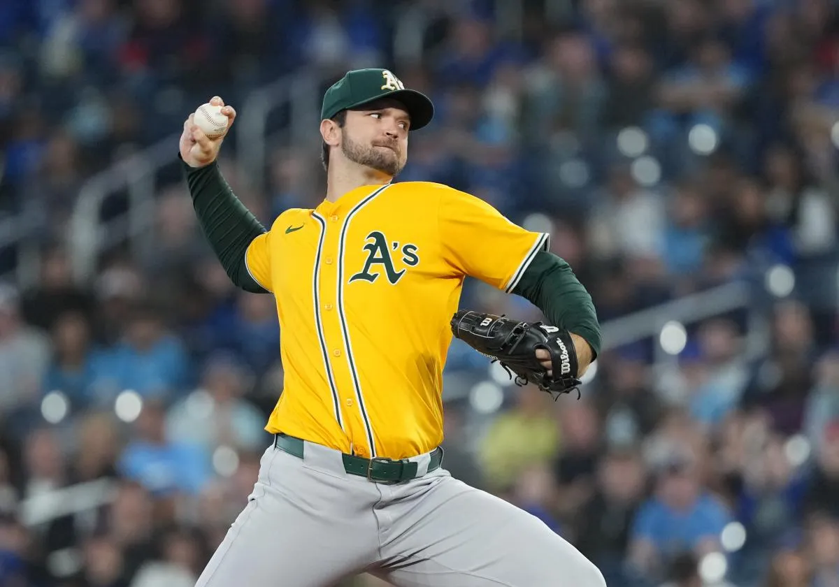 Athletics starting pitcher Gunnar Hoglund (53) throws a pitch against the Toronto Blue Jays during the first inning at Rogers Centre.