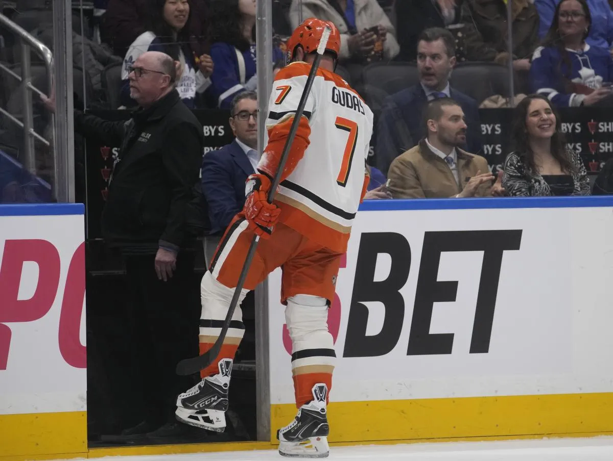 Anaheim Ducks defenseman Radko Gudas (7) gets set for a face off against the Toronto Maple Leafs during the first period at Scotiabank Arena.