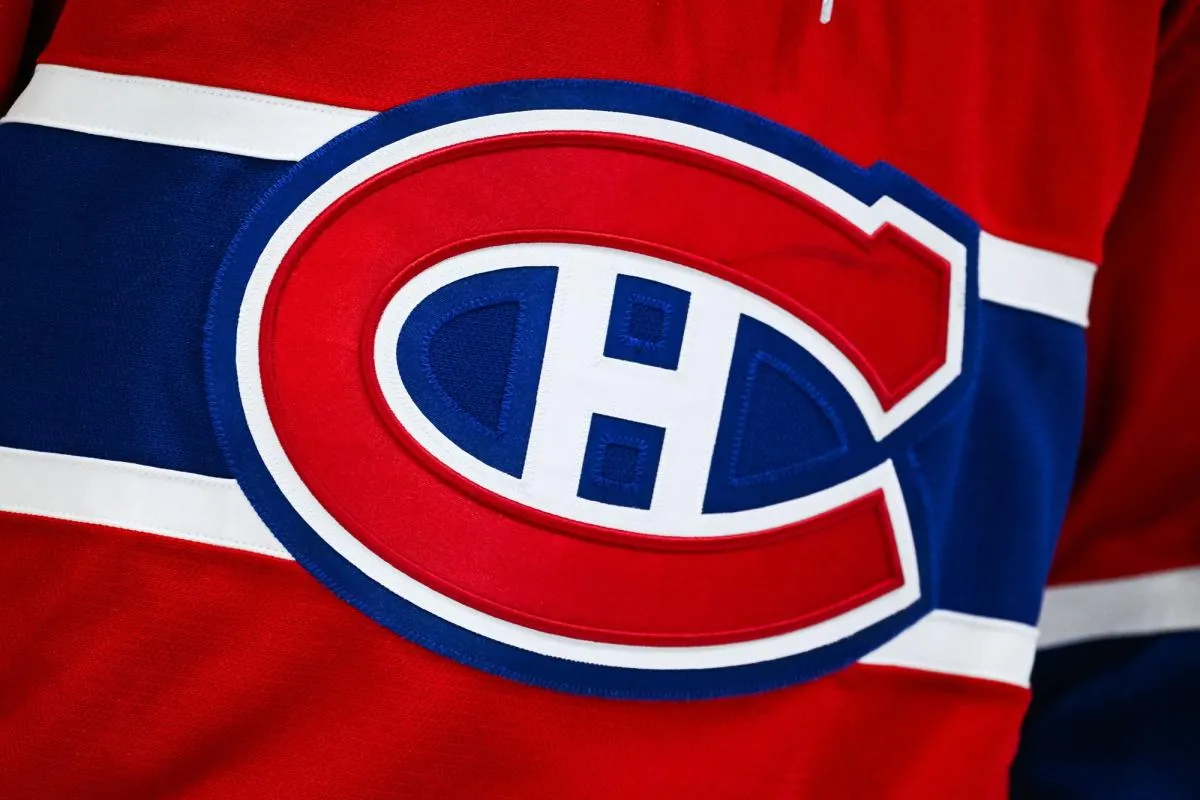 View of a Montreal Canadiens logo on a jersey worn by a member of the team during the second period at Bell Centre.