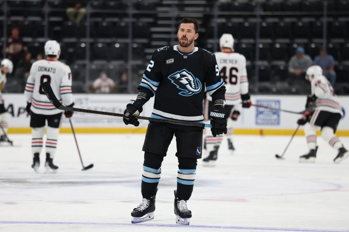 Utah Mammoth defenseman Mackenzie Weegar (52) warms up before a game against the Chicago Blackhawks at Delta Center.