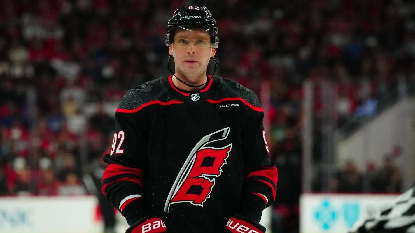 Carolina Hurricanes center Evgeny Kuznetsov (92) looks on against the New York Rangers during the first period in game six of the second round of the 2024 Stanley Cup Playoffs at PNC Arena.